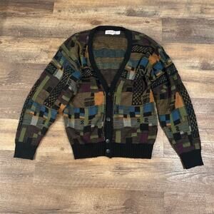 VTG 80s Campus Cardigan Textured Sweater Abstract Art L Biggie Kobain FLAWS READ